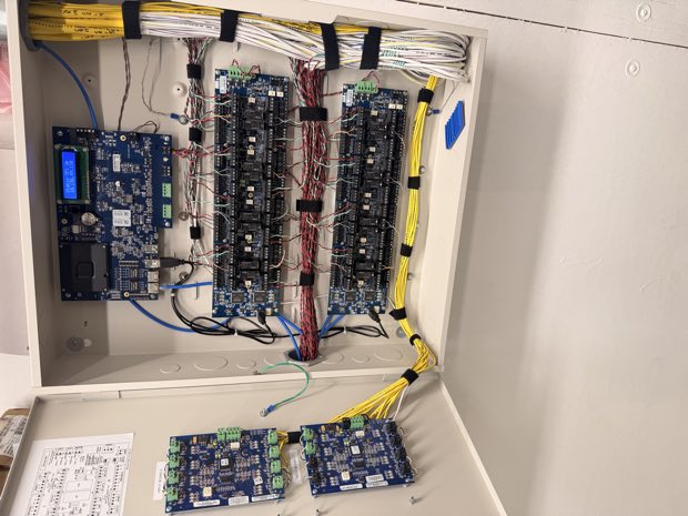 Door controller boards wired into an enclosure