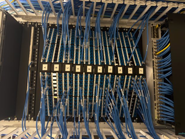 Labeled patch panels across a populated rack