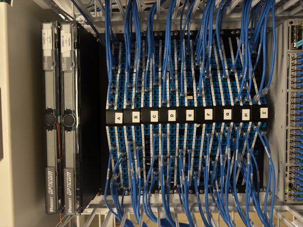 Full rack elevation with labeled patch panels and switching