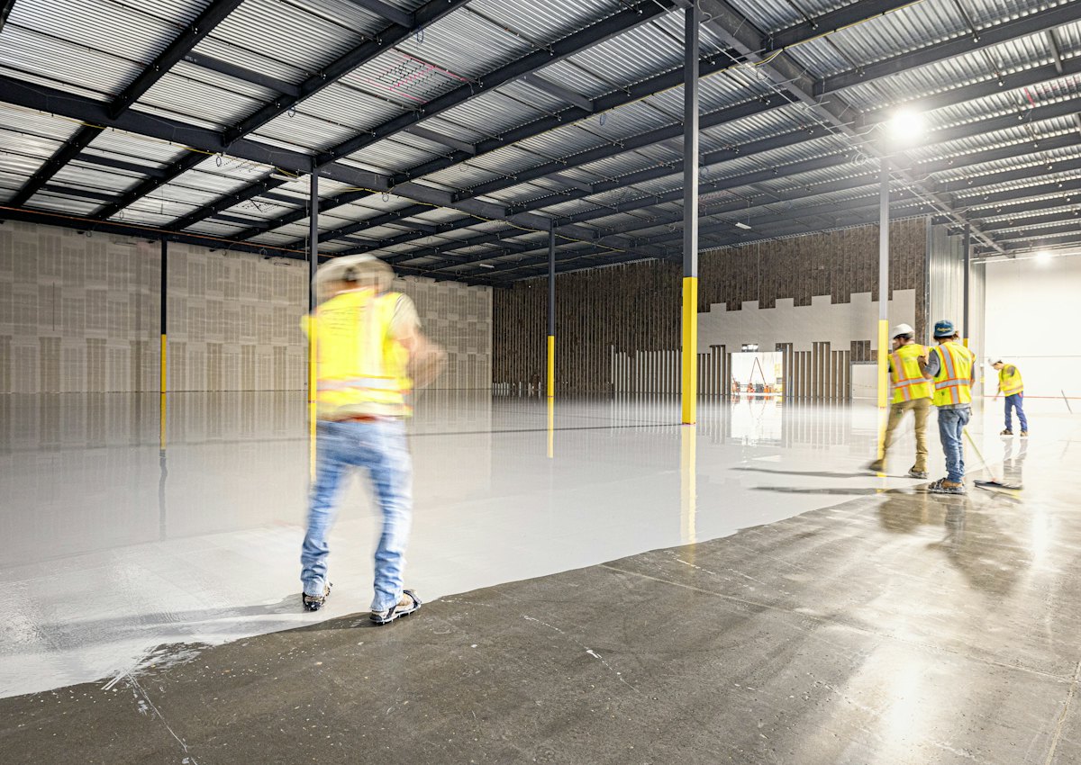 Wiscom crew working inside a large open commercial building