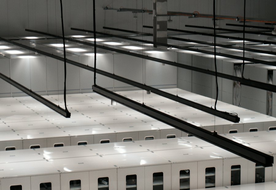 Rows of white server cabinets in a modern data center